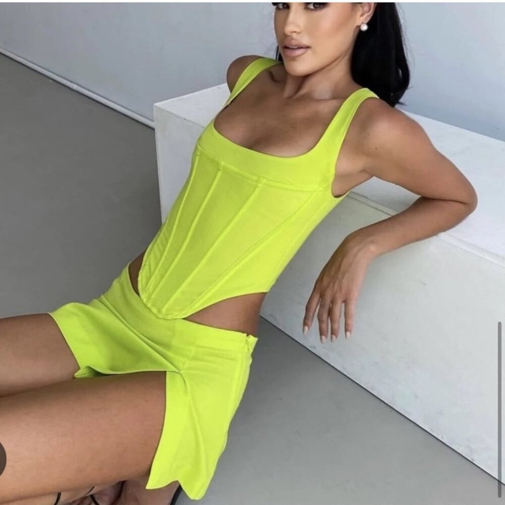 NWT Miaou Campbell Corset and Micro Skirt SET Neon Green Lime Small Rare NEW
